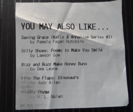 This is the end of the receipt from a Barnes & Noble in Pasadena. Do you see Deadly Thyme down at the bottom? Whoo! Hoo!